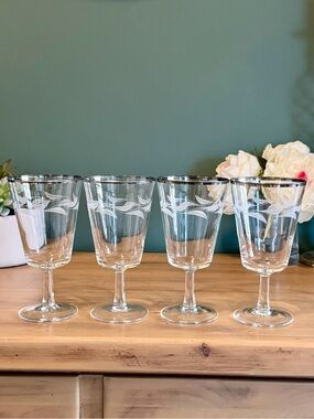 Cristal D’Arques Laurel Leaf Platinum Rim Goblets Set 4 MCM TTPD Era
